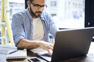 business men in blue shirt wireless connection to internet in of